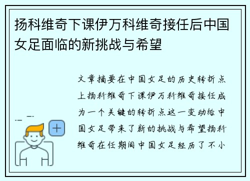 扬科维奇下课伊万科维奇接任后中国女足面临的新挑战与希望