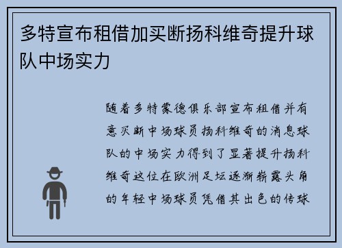 多特宣布租借加买断扬科维奇提升球队中场实力